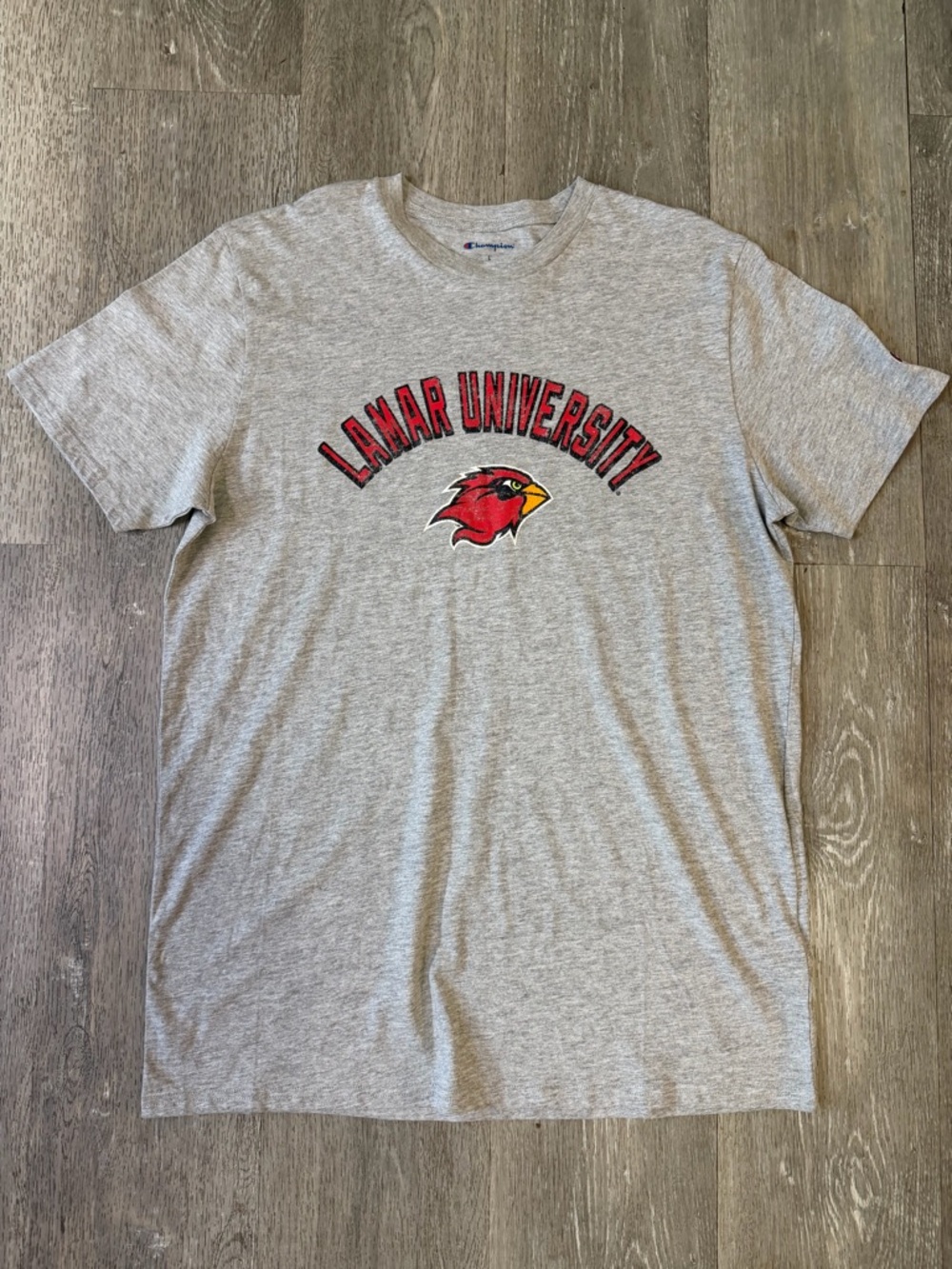 Champion Gray Lamar University Tee with Red Cardinal Logo